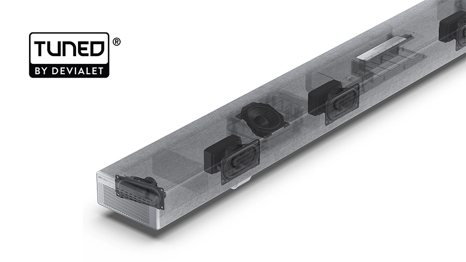 Виріз саундбара з видимими динаміками; логотип Tuned by Devialet
