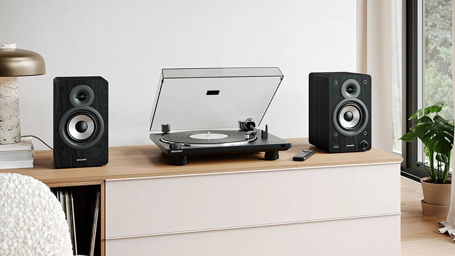 Аудіосистема Sharp: програвач і два поличні динаміки на дерев'яній шафі.