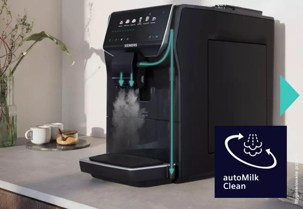 Кавомашина Siemens з функцією autoMilk Clean автоматично очищує систему подачі молока парою після приготування напою. Поруч із нею знаходиться значок autoMilkClean.