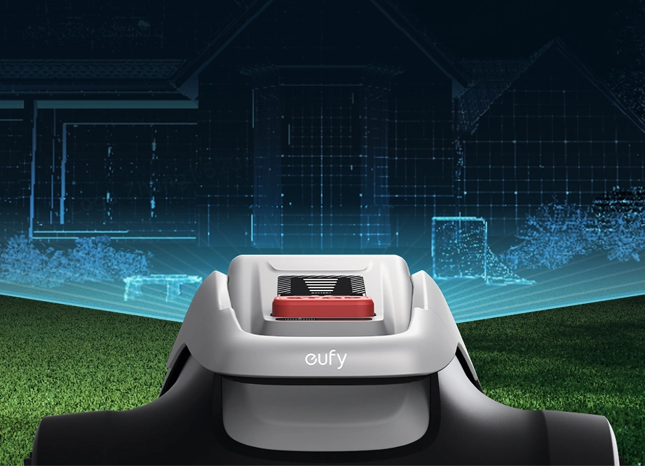 Вигляд газонокосарки eufy ззаду – графічна візуалізація процесу картографування садової ділянки.