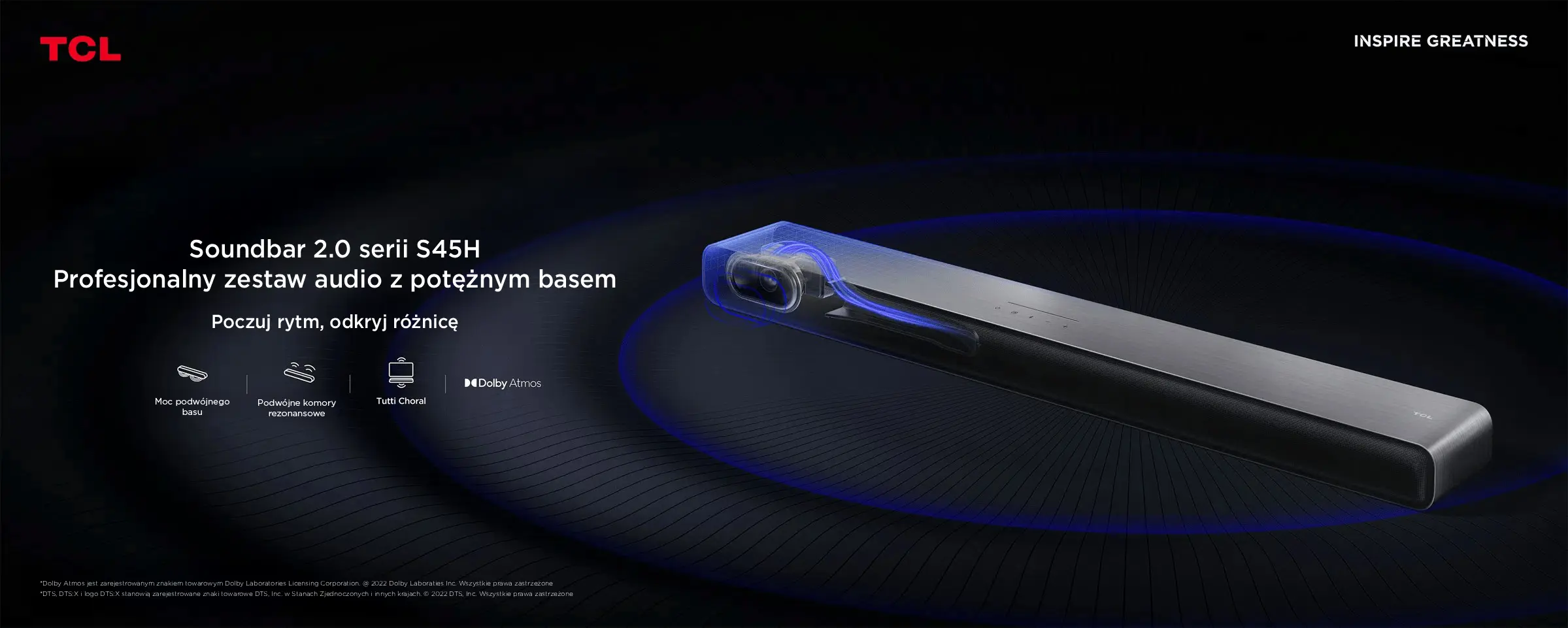 Саундбар TCL S45H 2.0 на чорному фоні, з синіми круговими звуковими ефектами та графічним підсиленням басів.