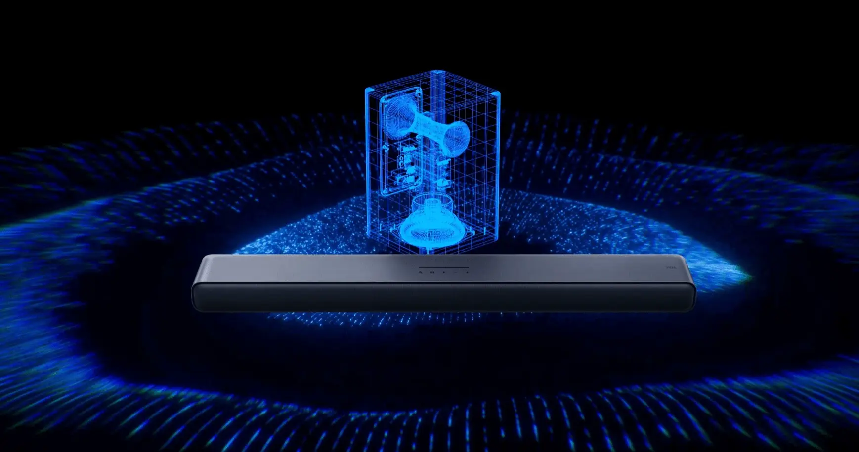 Саундбар TCL S45H на чорному фоні з 3D-графікою над ним, що показує поперечний переріз внутрішньої акустичної камери.