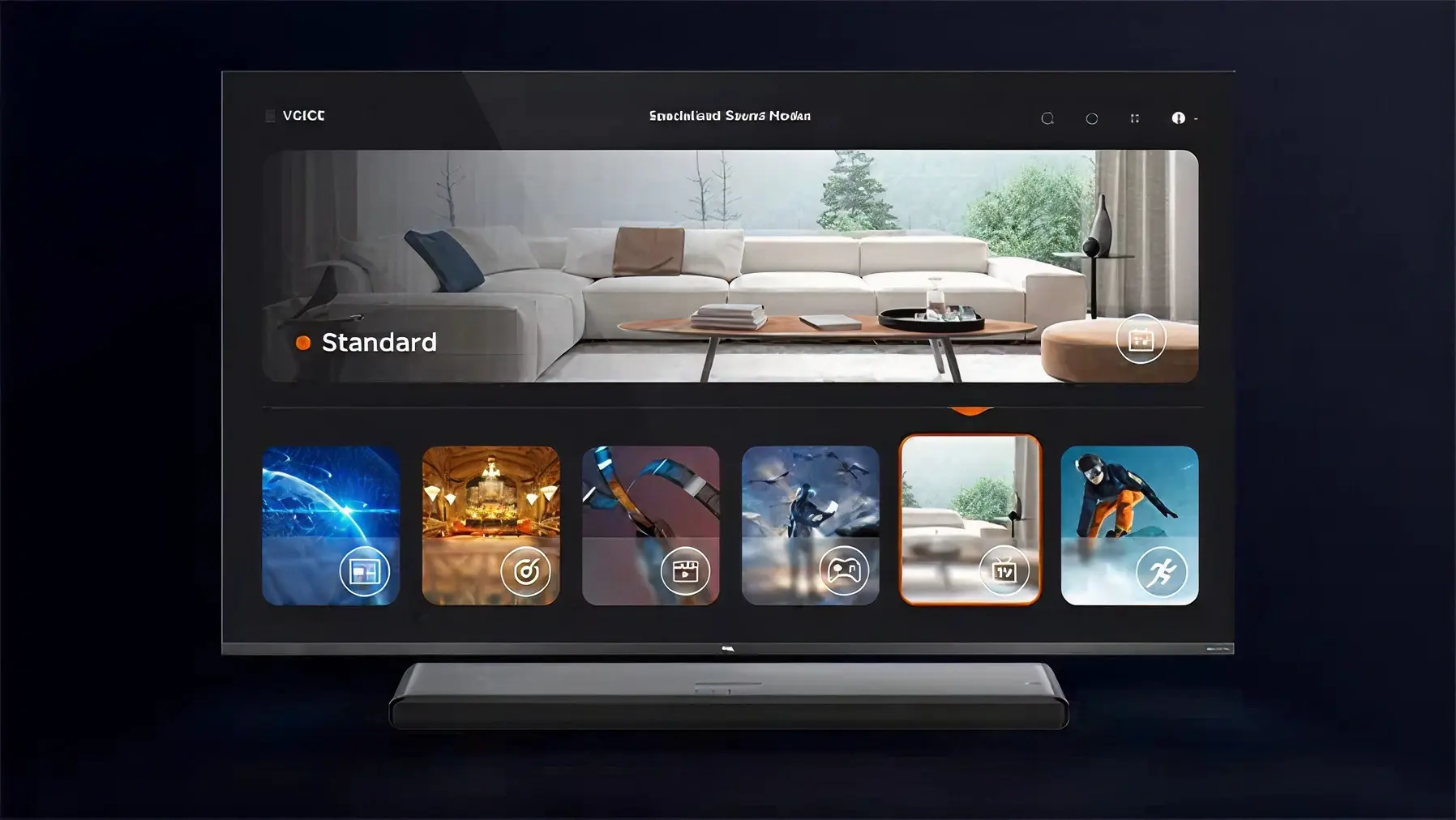 Телевізор TCL з меню вибору режиму звуку, стандартний режим вибрано на екрані, інші опції нижче.