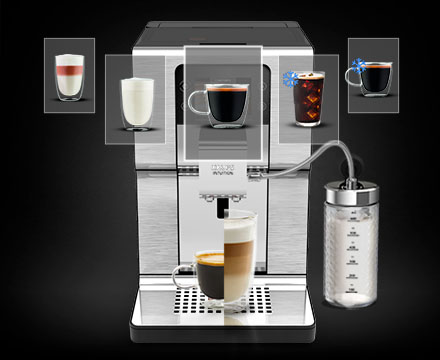 Кавомашина KRUPS Intuition Experience Hot&Cold з відображенням типів напоїв та підключеним контейнером для молока.