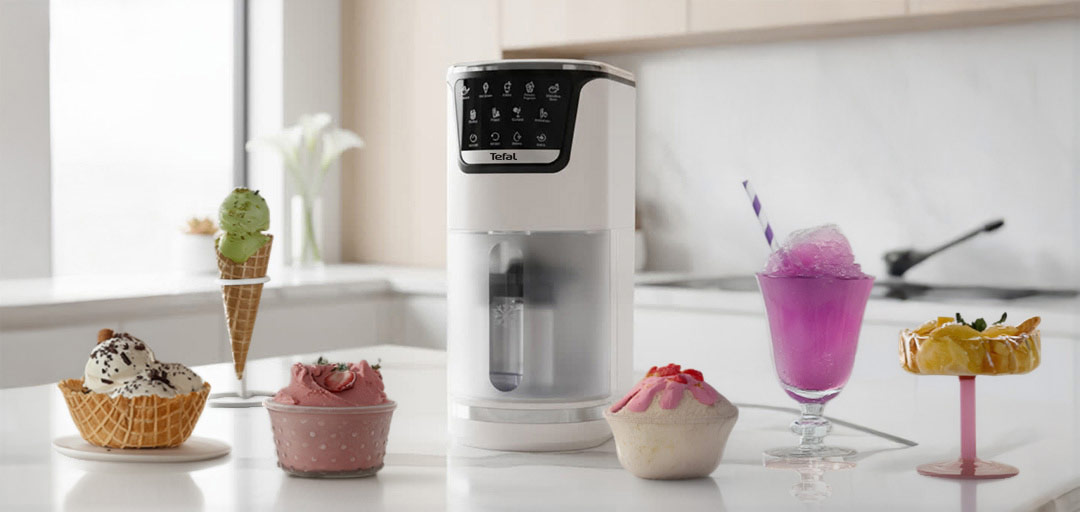 Машина для морозива Dolci IG602A на кухонному столі з різними видами морозива в різних контейнерах.