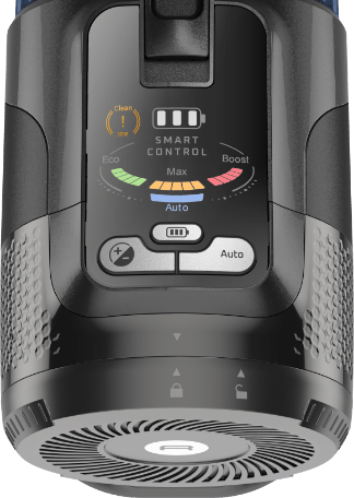 Крупний план панелі керування пилососом Tefal X-Force Flex з кнопками та зображенням акумулятора.