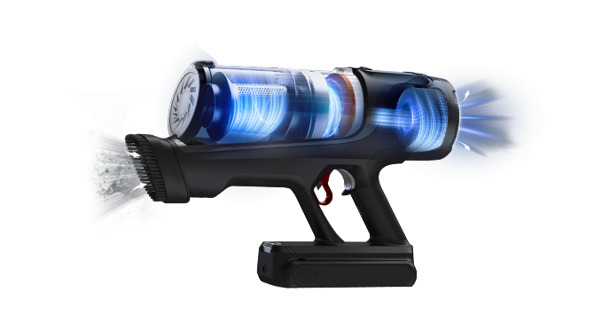 Поперечний розріз двигуна пилососа Tefal X-Force Flex з блакитним світінням, що символізує рух енергії.