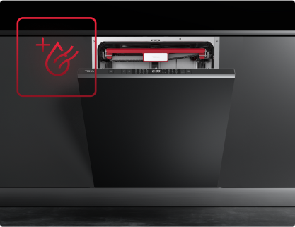 Посудомийна машина з частково відкритою чорною передньою панеллю, видимий значок, що вказує на режим ExtraDry, тобто швидше сушіння