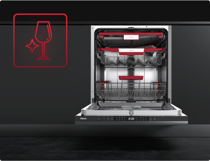 Відкрита посудомийна машина, значок вказує на функцію GlassCare, яка захищає скло від подряпин та потьмяніння