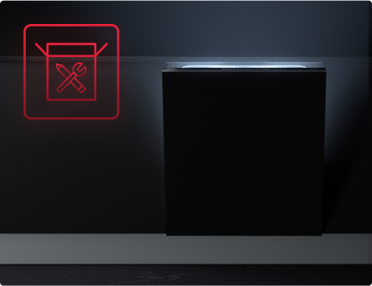 Посудомийна машина з чорною передньою панеллю, підсвічування зсередини, з лівого боку значок, що вказує на систему швидкого складання