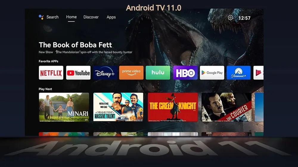 Інтерфейс Android TV 11.0. Видно потокові додатки, такі як Netflix, YouTube, Disney+, HBO та Hulu.