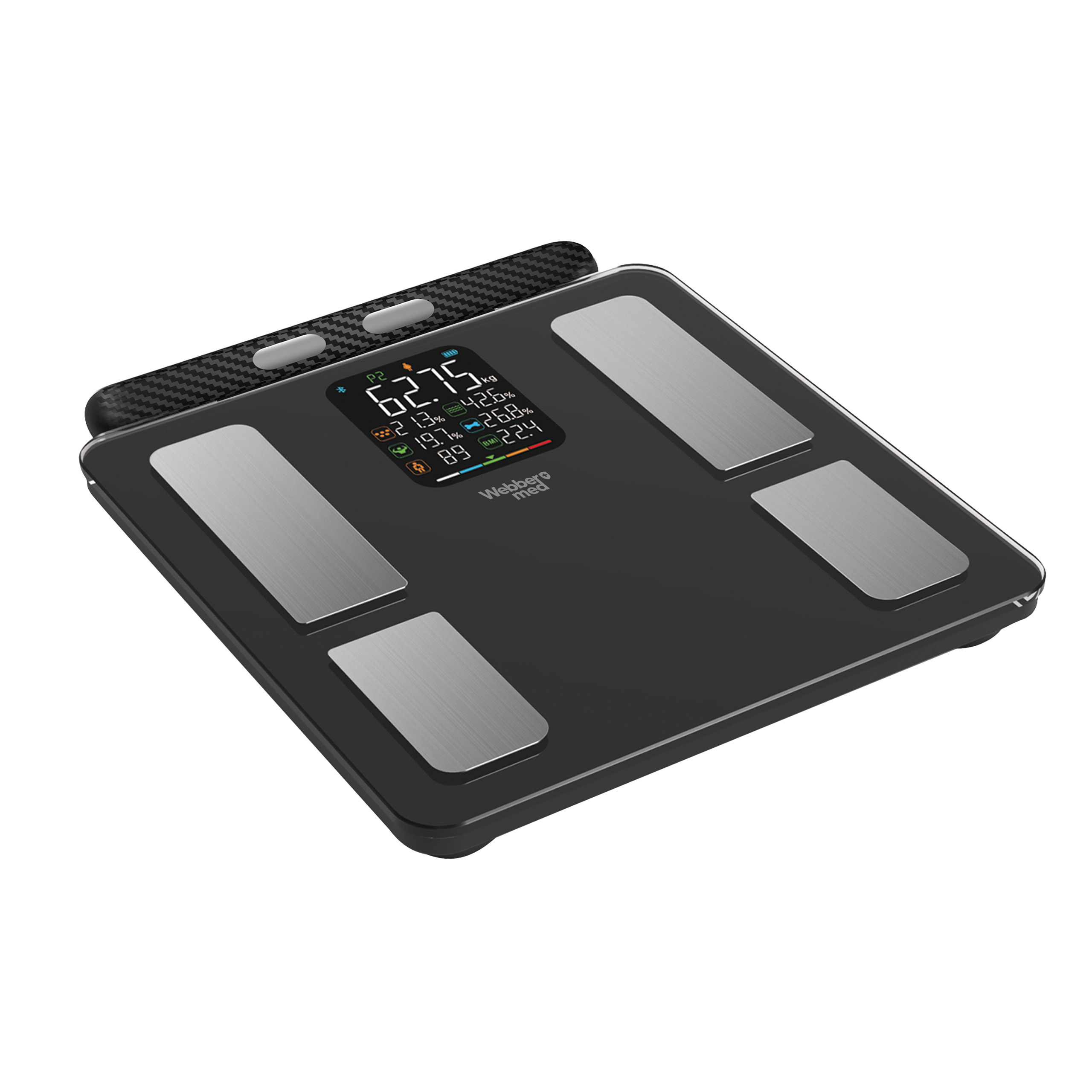 Чорна електронна вага Веббера з кольоровим дисплеєм та чотирма срібними електродами на поверхні