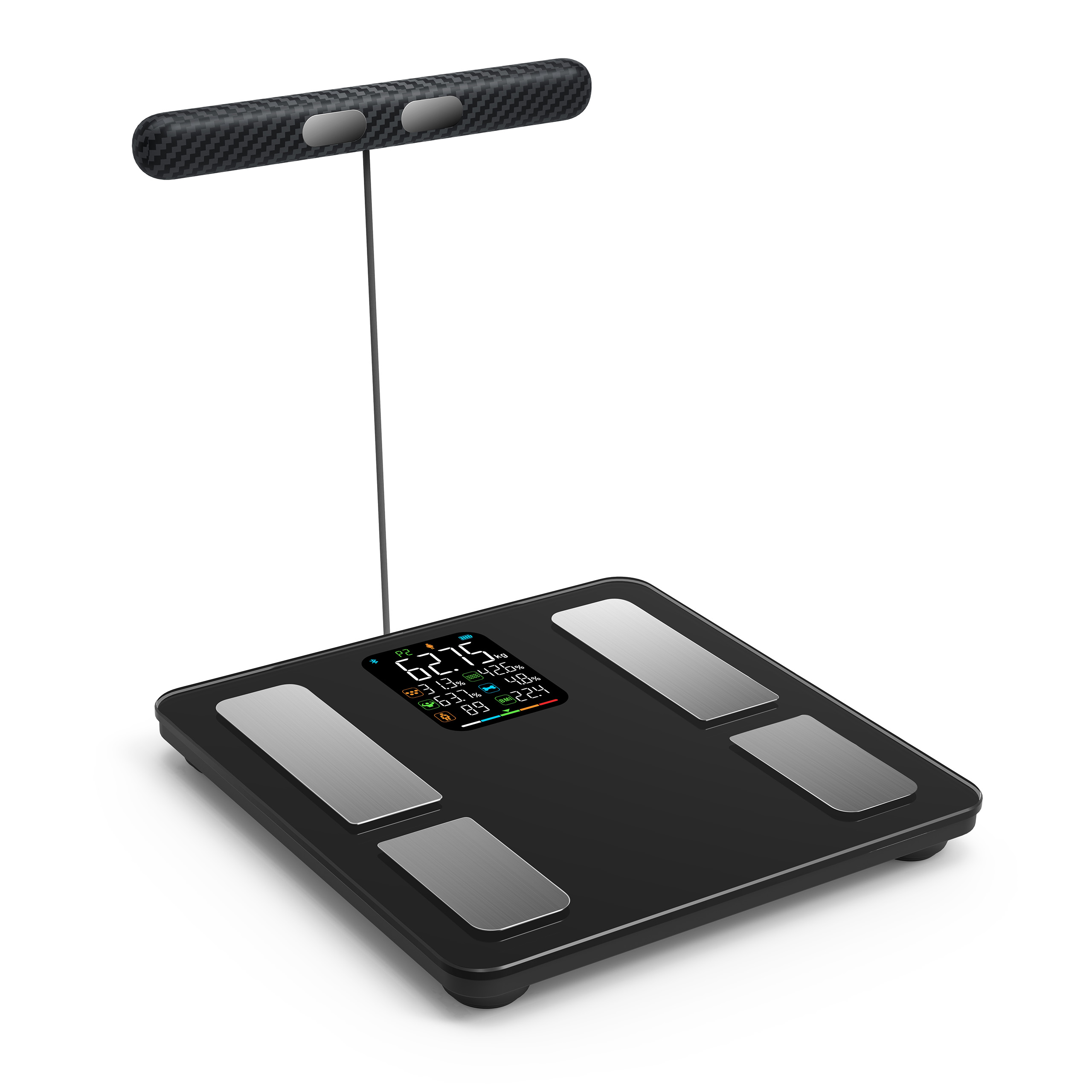 Ці цифрові розумні ваги для ванної кімнати мають ручку та кольоровий дисплей, який відображає різні дані про здоров'я, такі як вага, ІМТ (індекс маси тіла) та інші параметри. Ваги мають вимірювальні електроди на платформі та ручці.