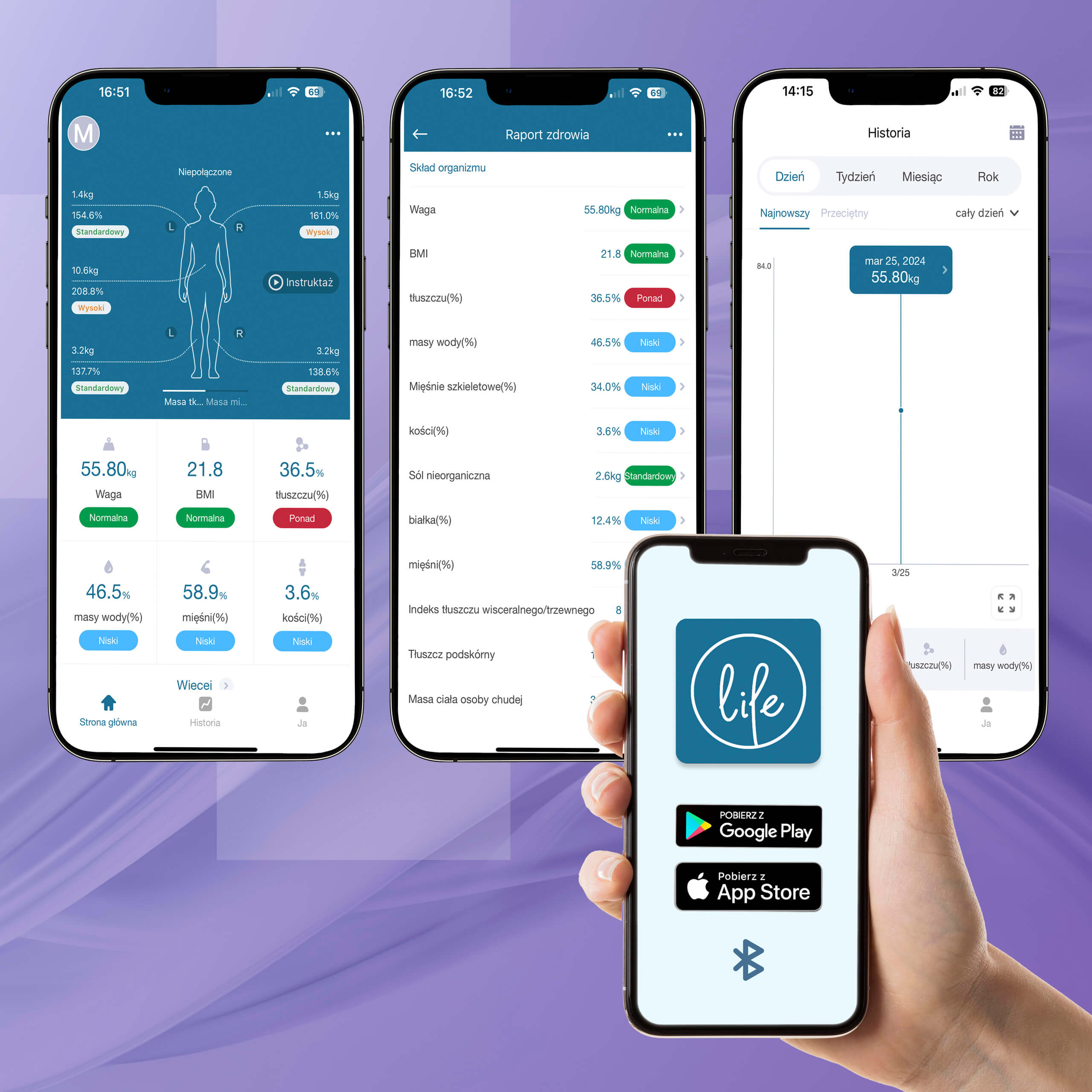 Екрани застосунку MovingLife, що показують аналіз складу тіла, історію вимірювань та можливість завантажити застосунок з Google Play та App Store.