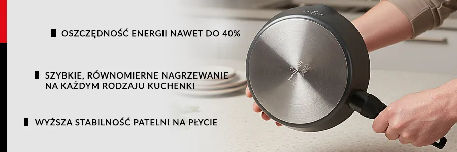 Patelnia KORRA trzymana w dłoniach obrucona dnem do frony, pokazany srebrny dysk indukcyjny znajdujacy się na spodzie patelni