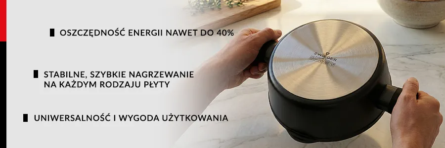 Garnek ZWIEGER KORRA trzymany przez męskie dłonie, garnek jest do góry nogami pokazując pełny srebrny dysk indukcyjny