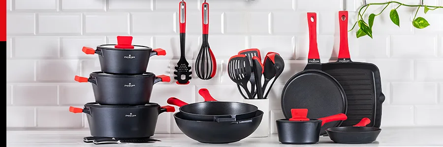 Trzy garnki, rondel, patelnie uniwersalne, patelnia grillowa i WOK oraz akcesoria Obsidian