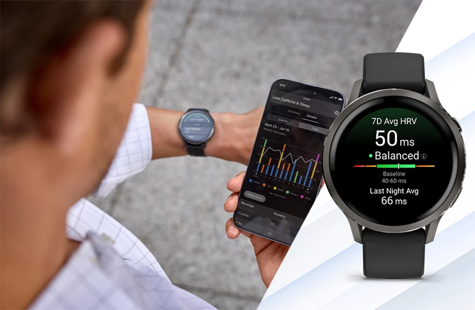 Мужчина держит телефон с приложением Garmin, рядом с ним часы Venu 4, на экране которых отображается измерение вариабельности сердечного ритма.
