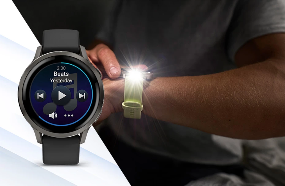 Крупный план часов Garmin Venu 4 с включенным экраном музыкального проигрывателя и светодиодной вспышкой на запястье.