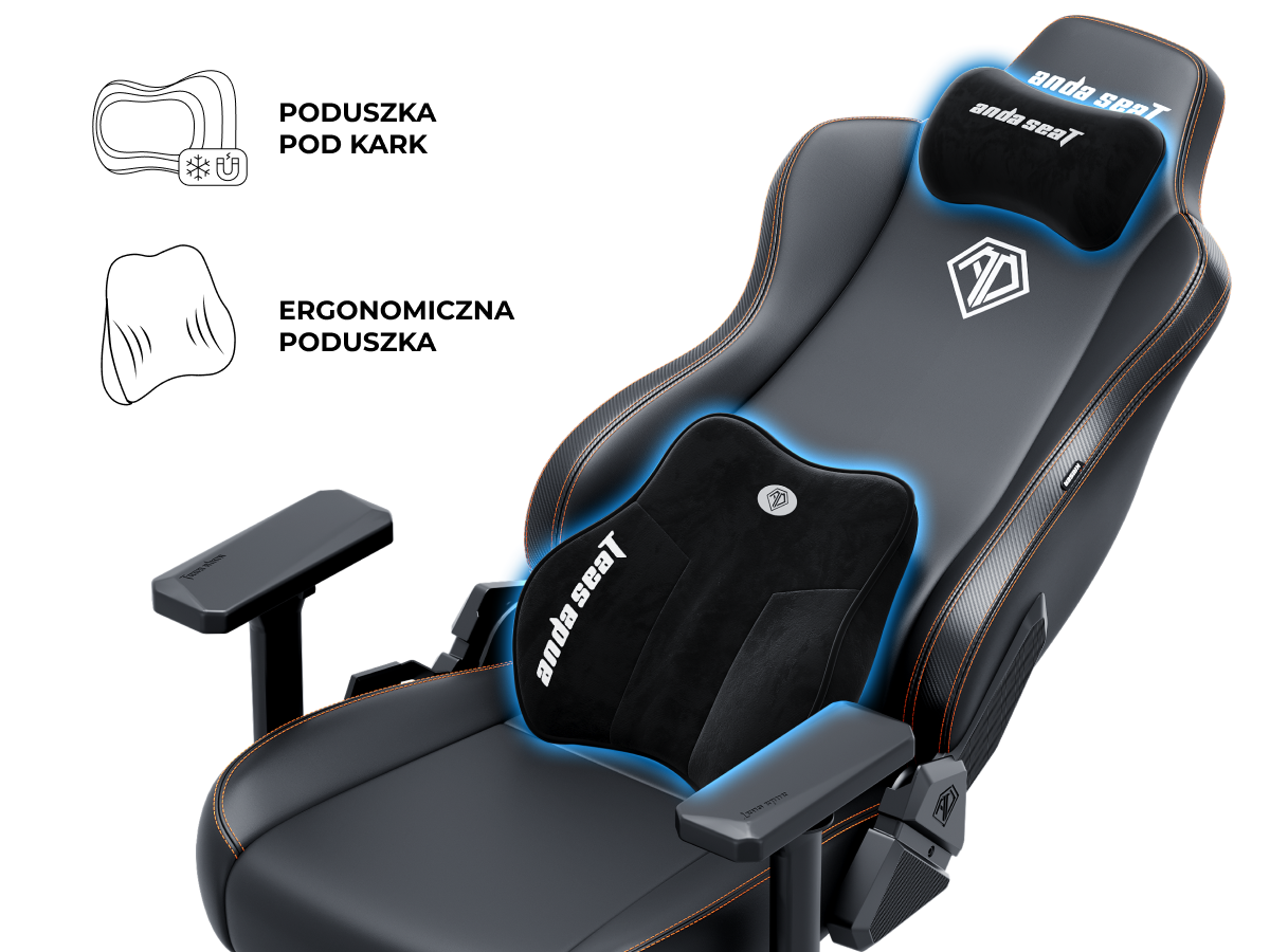 Czarny fotel Anda Seat Kaiser 3E z poduszką pod kark i ergonomiczną poduszką lędźwiową dla większego komfortu.