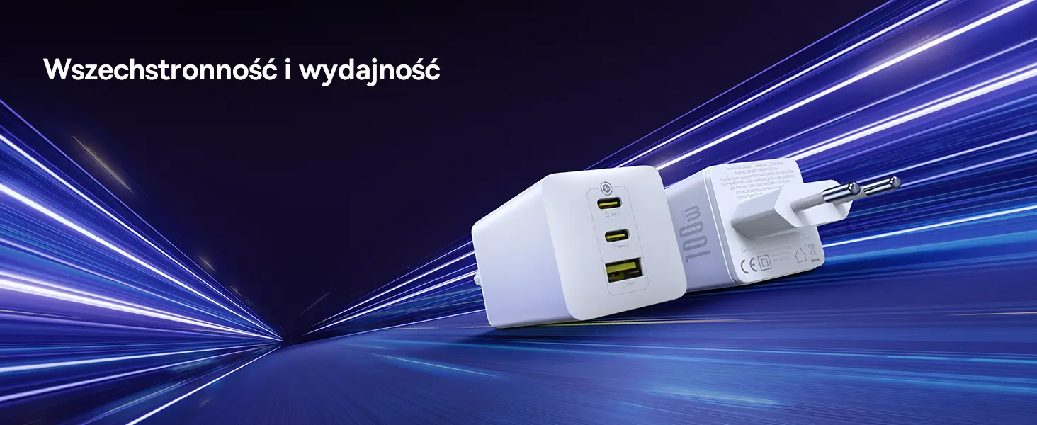 Biała ładowarka Baseus EnerFill FE11 100W z trzema portami na tle niebieskich smug świetlnych.
