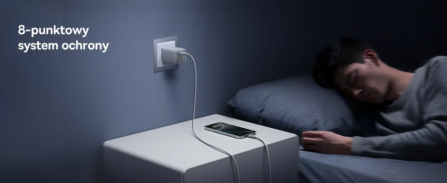 Mężczyzna śpi obok smartfona ładowanego z ładowarki Baseus FE11 w gniazdku nocą.