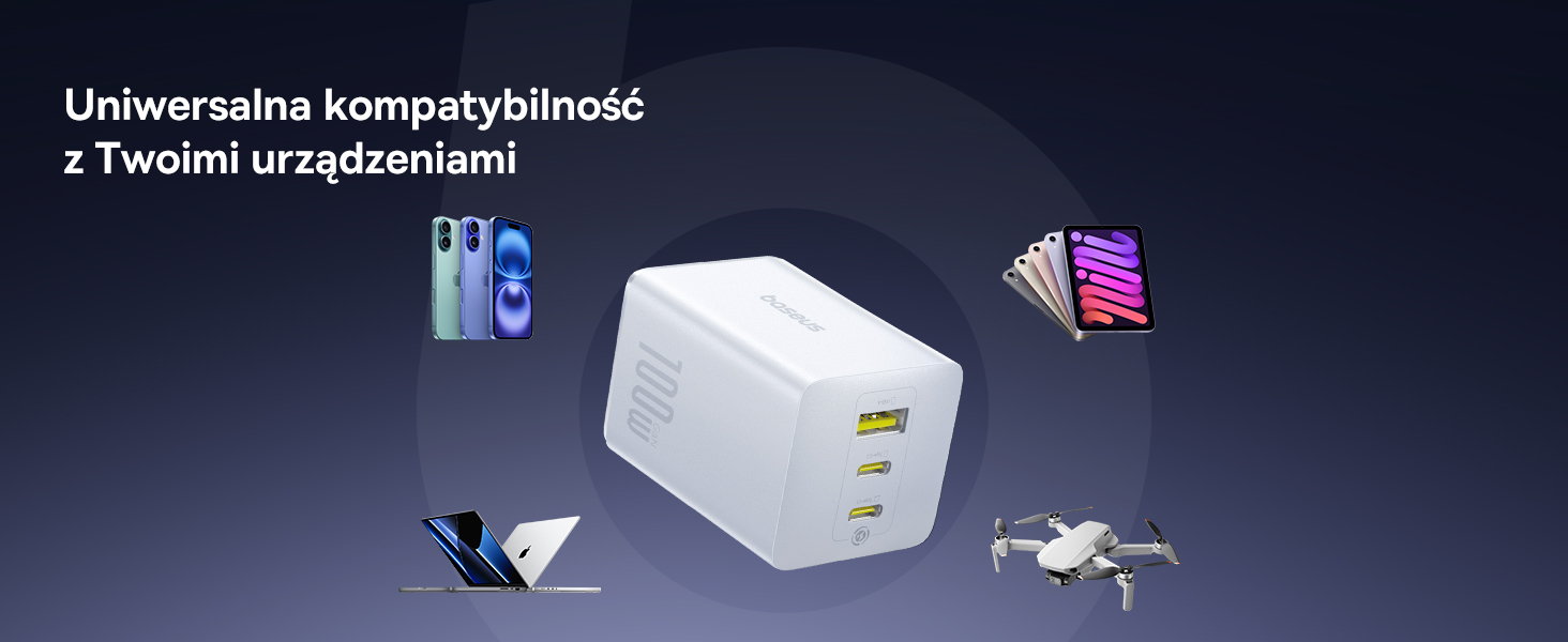 Ładowarka Baseus FE11 100W otoczona zgodnymi urządzeniami: telefon, tablet, laptop, dron.