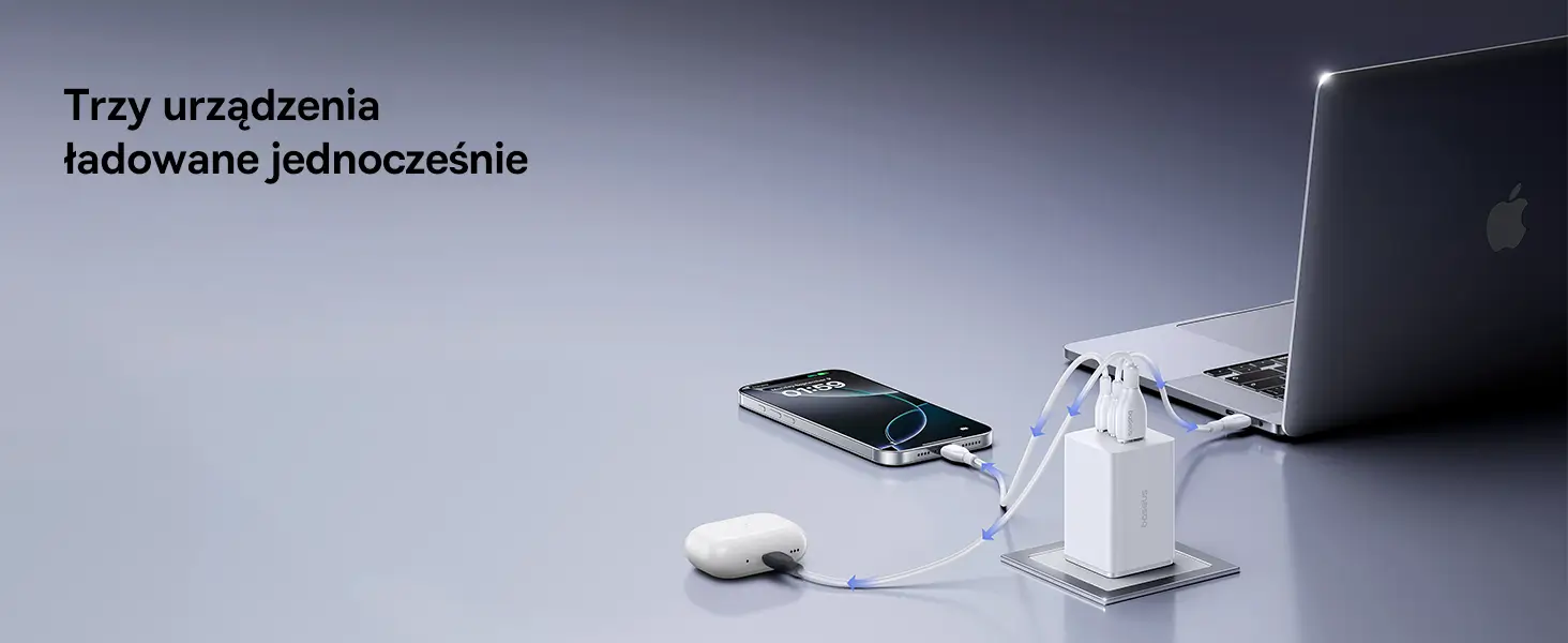 Ładowarka Baseus FE11 ładuje jednocześnie laptop, smartfon i słuchawki na biurku.