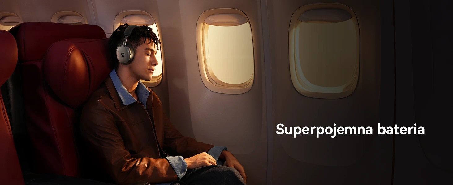 Чоловік у навушниках Baseus XH1 у літаку дивиться у вікно.