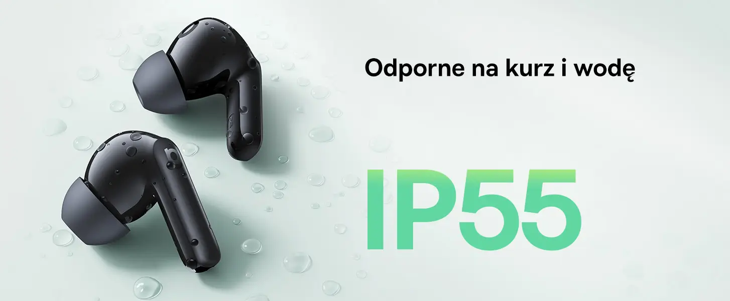 Czarne słuchawki Baseus z kroplami wody potwierdzające odporność na zachlapania IP55.