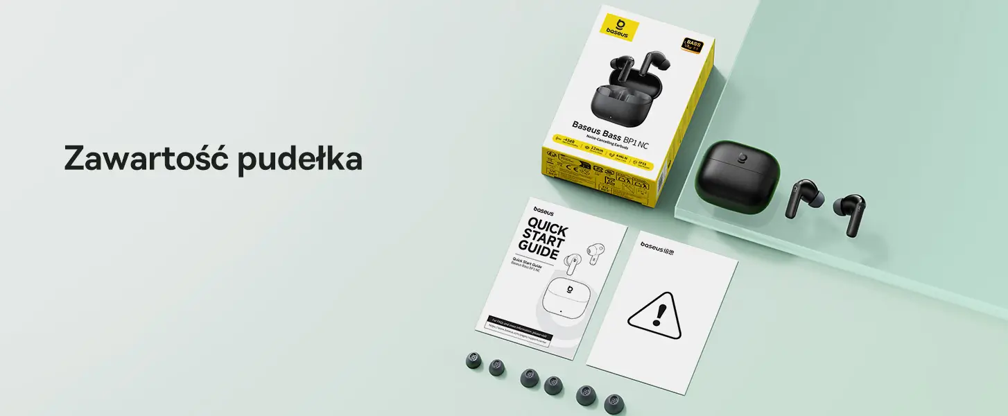 Pudełko, etui, słuchawki dokanałowe Baseus, wkładki douszne i instrukcja obsługi.