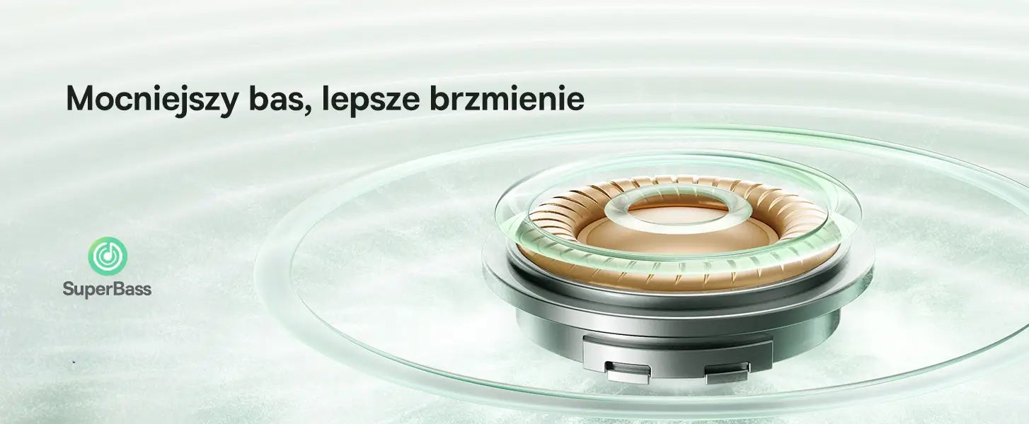 Zbliżenie na przetwornik akustyczny słuchawek z technologią wzmocnienia basu Baseus SuperBass.