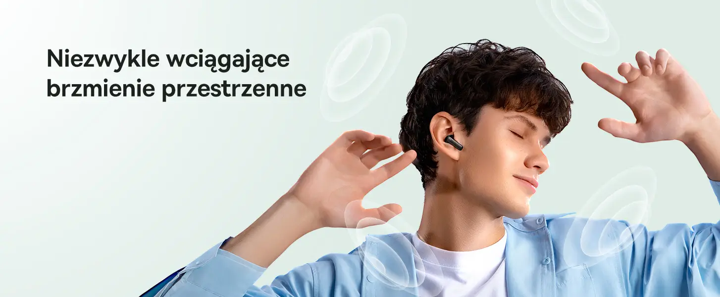 Słuchacz z zamkniętymi oczami w przestrzennych falach dźwiękowych ze słuchawkami Baseus BP1 NC.