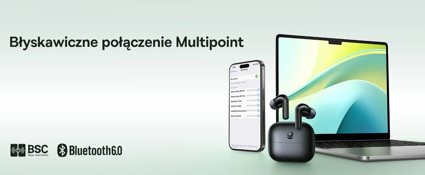 Smartfon i laptop sparowane równocześnie ze słuchawkami Baseus poprzez Bluetooth 6.0.