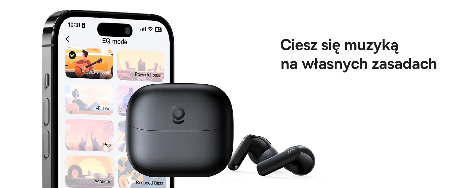 Ekran smartfona z aplikacją Baseus i wybranym korektorem EQ obok etui ładującego BP1 NC.