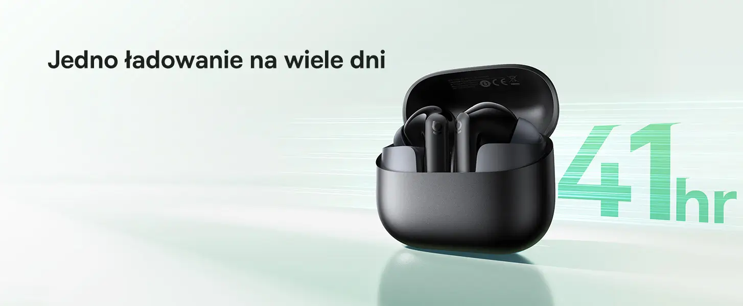 Czarny powerbank etui ze słuchawkami dokanałowymi i symbolem 41 godzin łącznego czasu pracy.