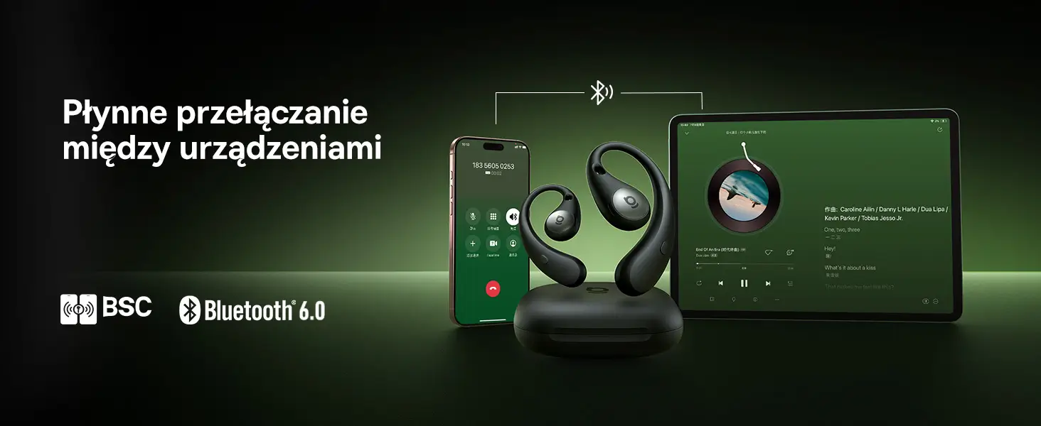 Czarna słuchawka Baseus Eli Sport 2 w etui obok smartfona i tabletu połączonych przez Bluetooth 6.0 i BSC.