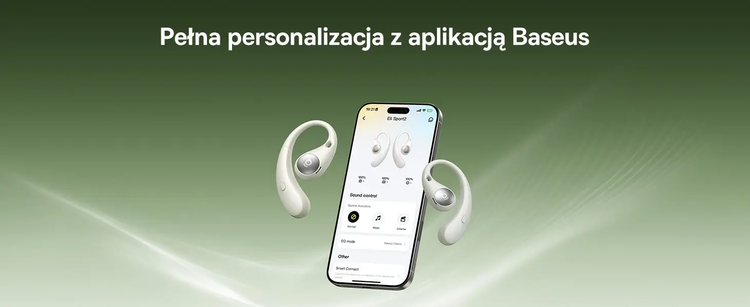 Smartfon z otwartą aplikacją Baseus i dwiema białymi słuchawkami dousznymi otwartymi Eli Sport 2.