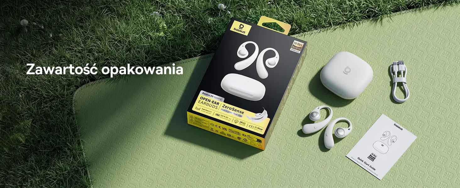 Opakowanie, białe słuchawki Baseus Eli Sport 2, etui ładujące, kabel USB-C (Universal Serial Bus Type-C) i instrukcja na macie treningowej.