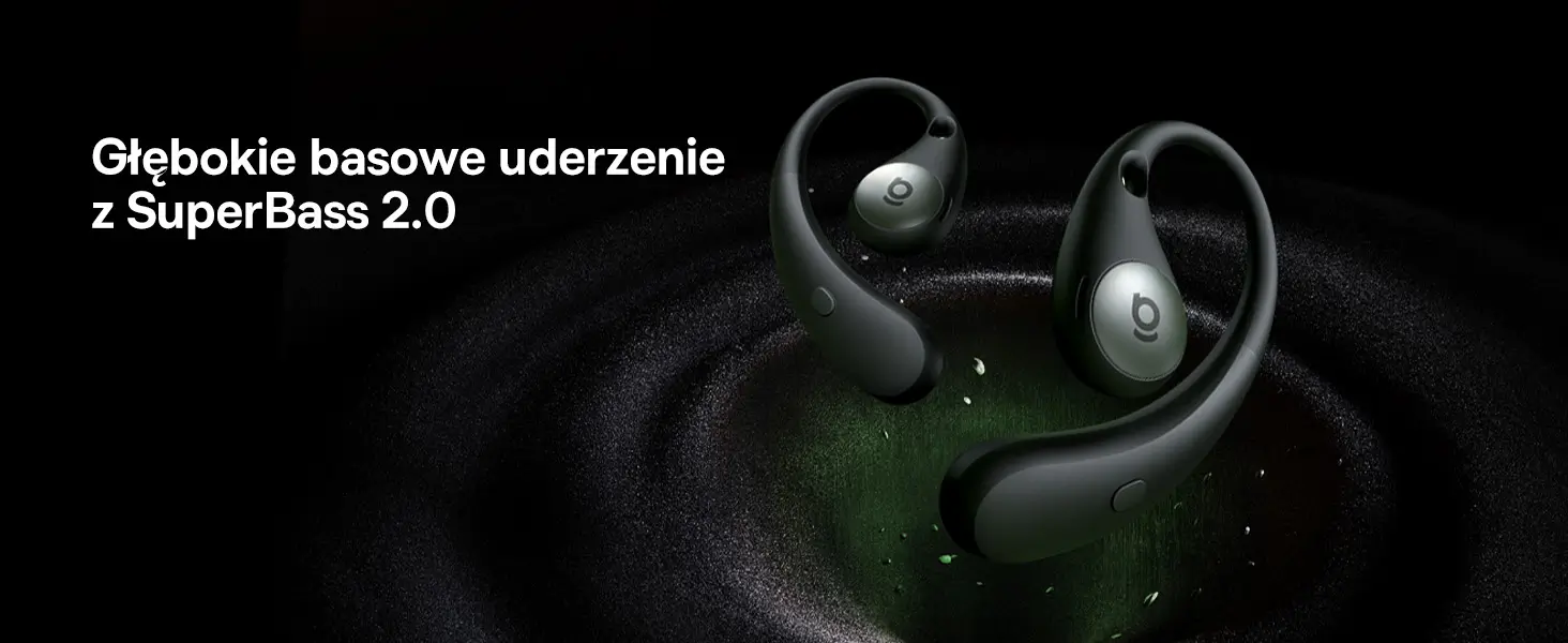 Czarne słuchawki otwarte Baseus Eli Sport 2 nad membraną generującą fale niskich tonów SuperBass 2.0.