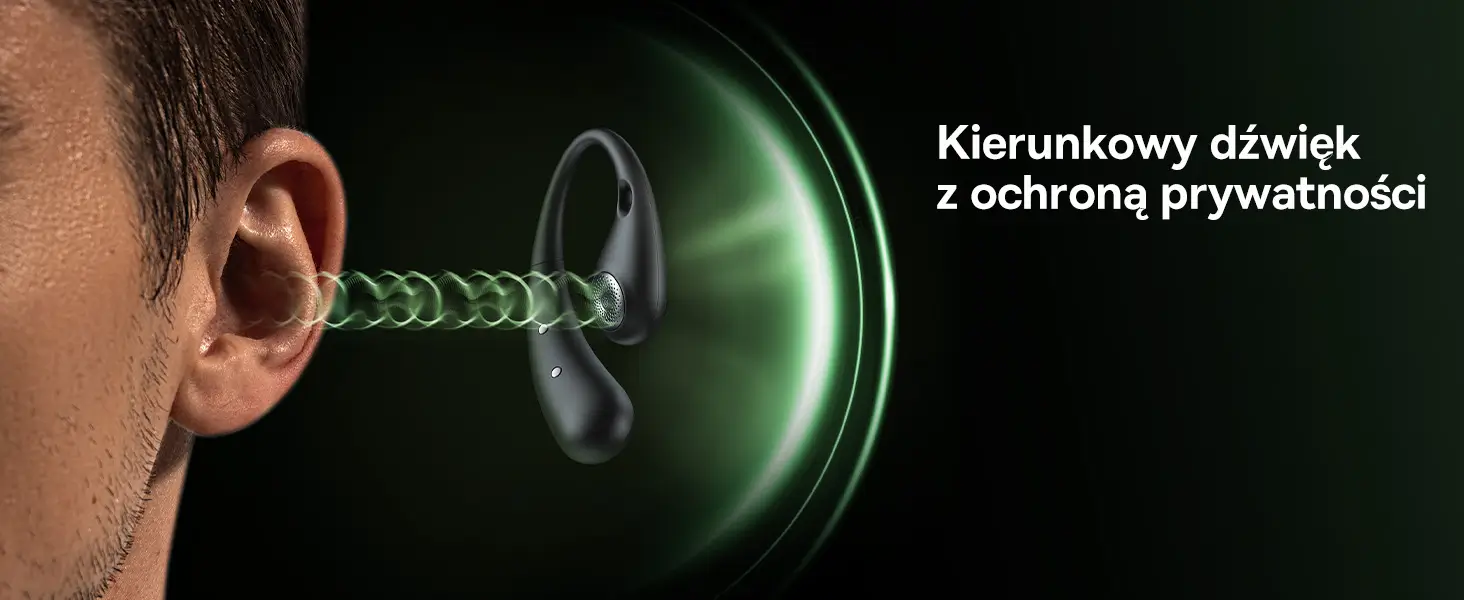 Zbliżenie na profil ucha ze słuchawką otwartą Baseus Eli Sport 2 z kierunkową transmisją dźwięku.