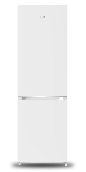 Biała lodówka marki Beko B3RCNO255W z dolną zamrażarką i metalowym uchwytem
