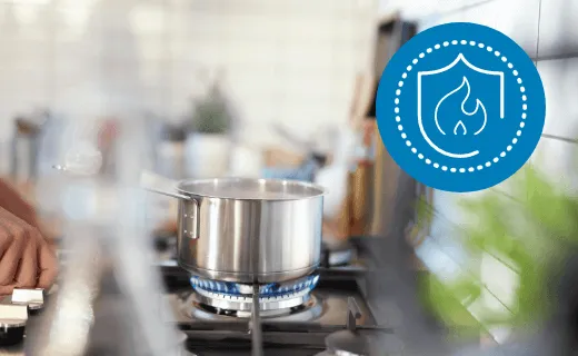 Каструля на газовій плиті; значок захисту від витоку газу