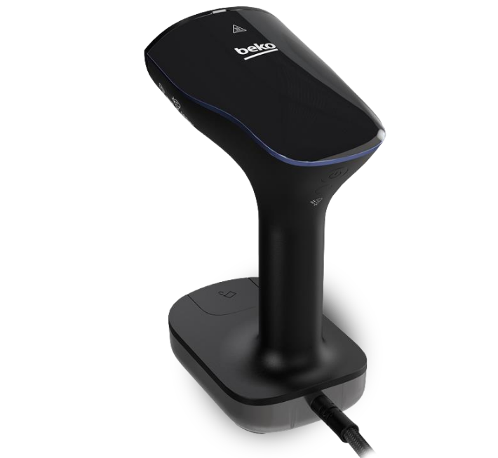 Портативний чорний відпарювач для одягу з підставкою.