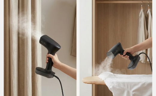 Людина використовує відпарювач для прасування штор та одягу.