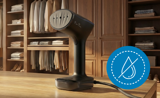 Чорний відпарювач одягу на тлі шафи.