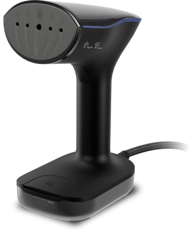 Ручний відпарювач для одягу чорного кольору з синіми акцентами.