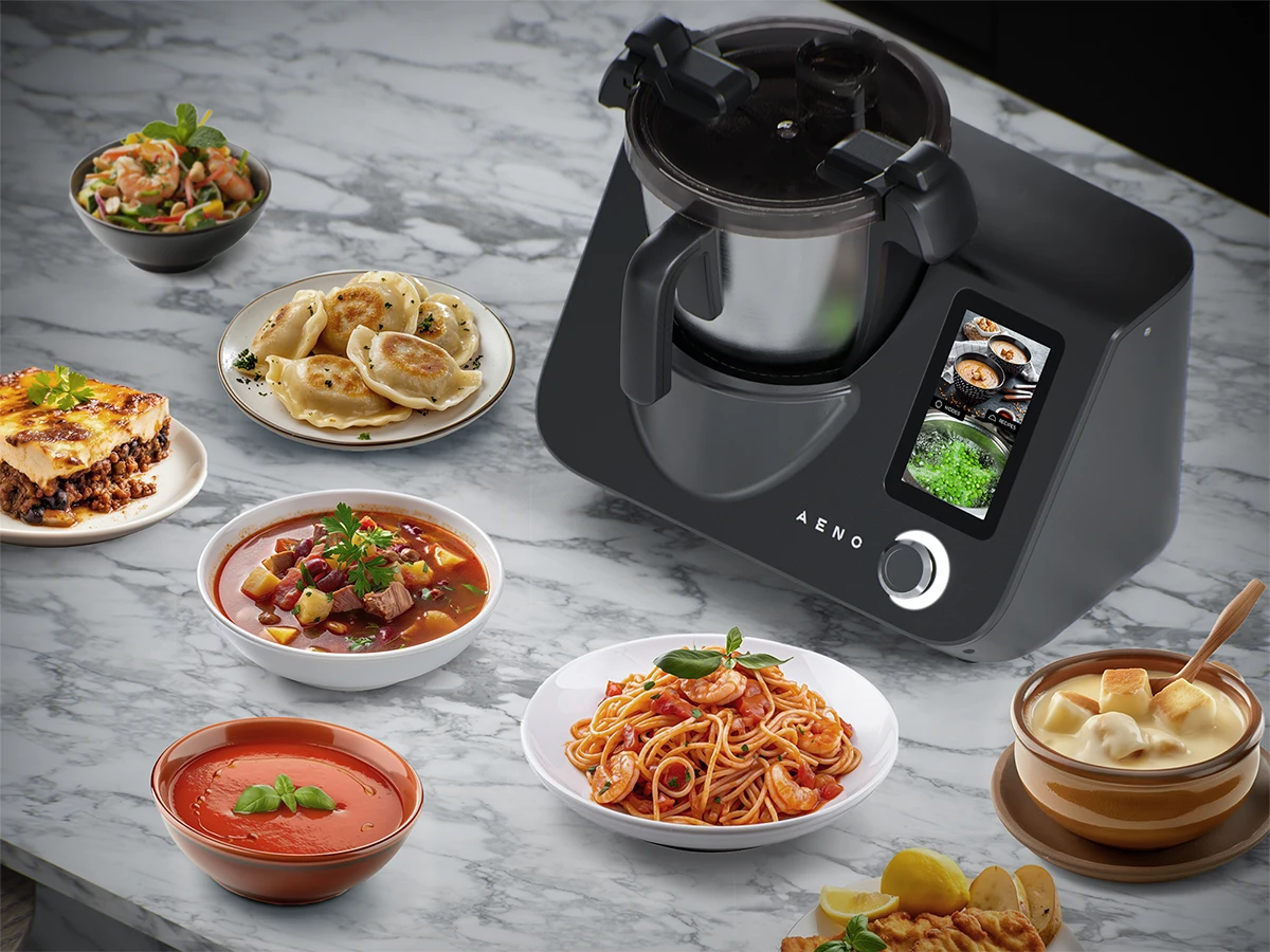 Кухонний комбайн GastroLab CR1S на стільниці, навколо нього готові страви та інгредієнти
