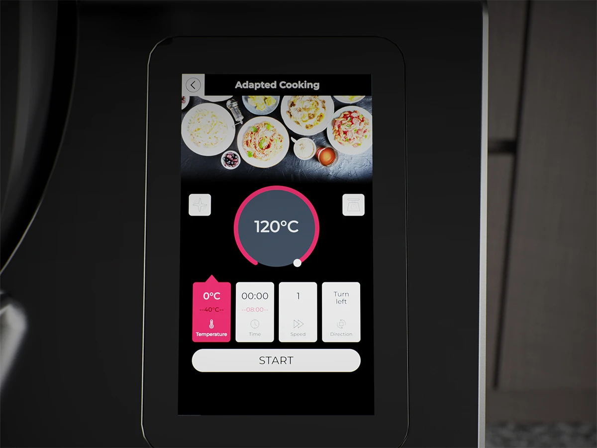 Крупний план сенсорного екрана GastroLab CR1S з температурою, встановленою на 120°C