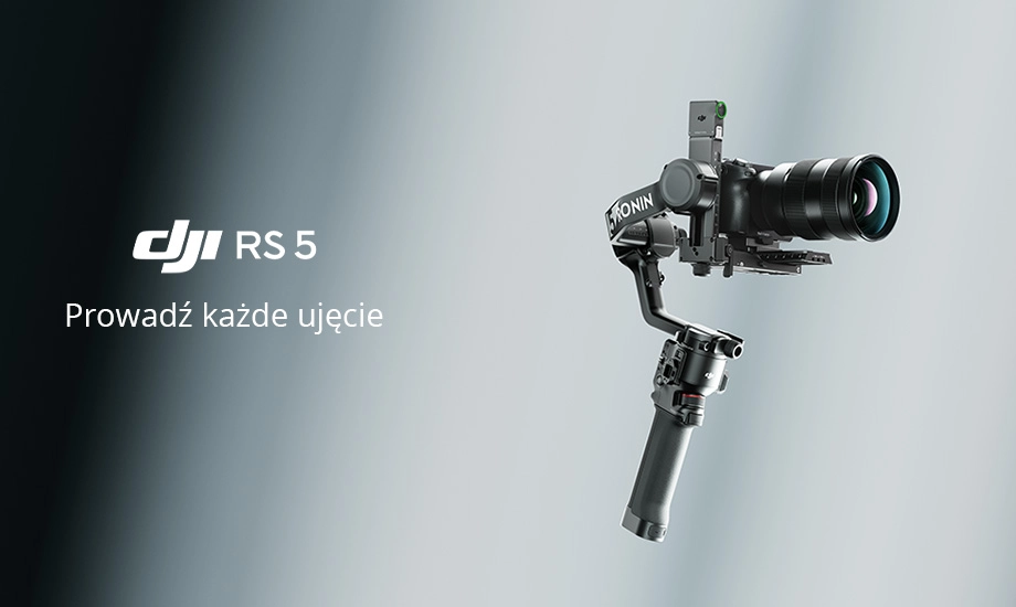 Банер зі стабілізатором та камерою DJI RS 5 на сірому фоні з написом «DJI RS 5 Guide Every Shot» («Гід до кожного кадру»)